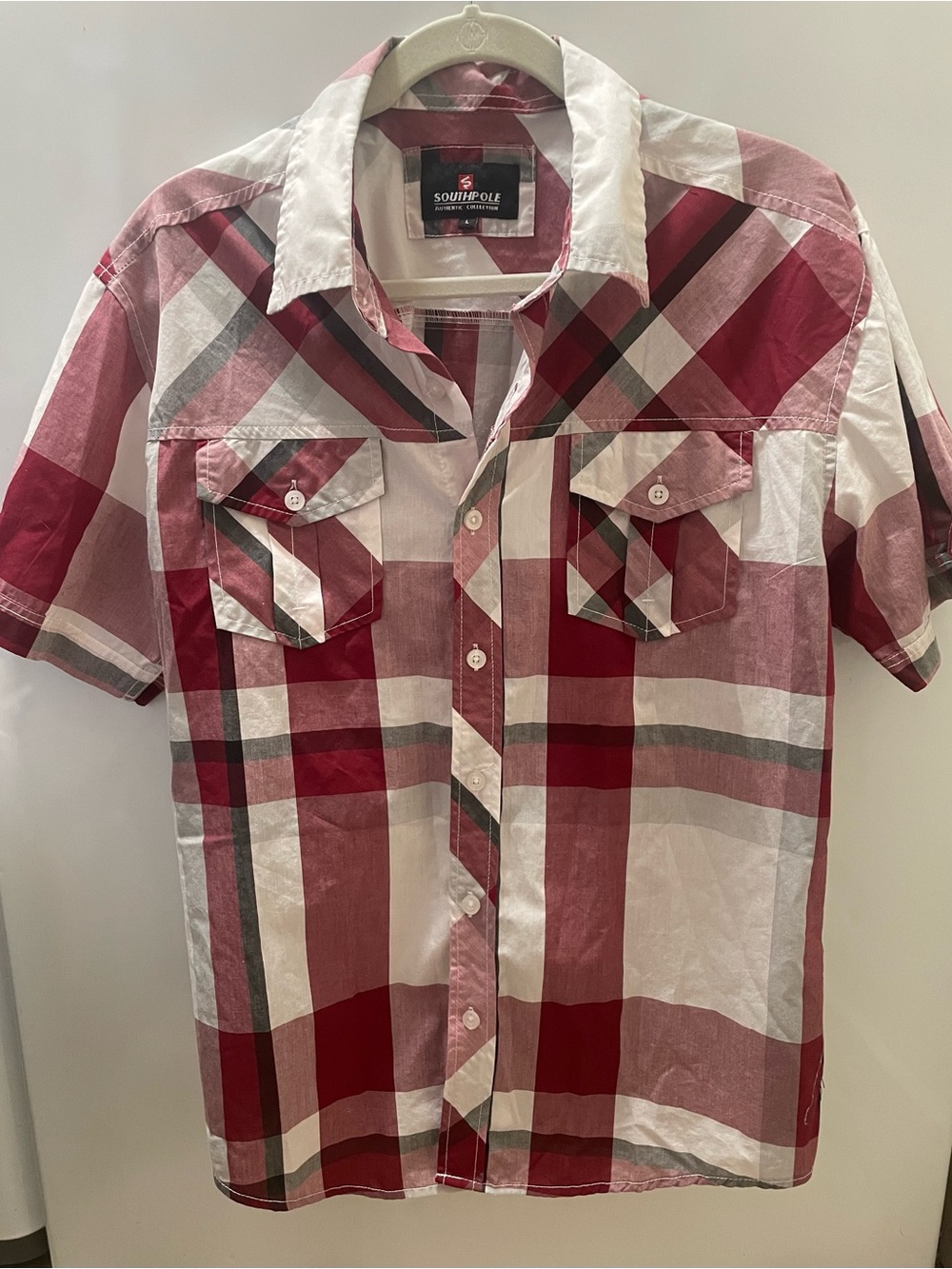 Southpole Mens L Red White Plaid Short Sleeve Button Up Shirt Streetwear